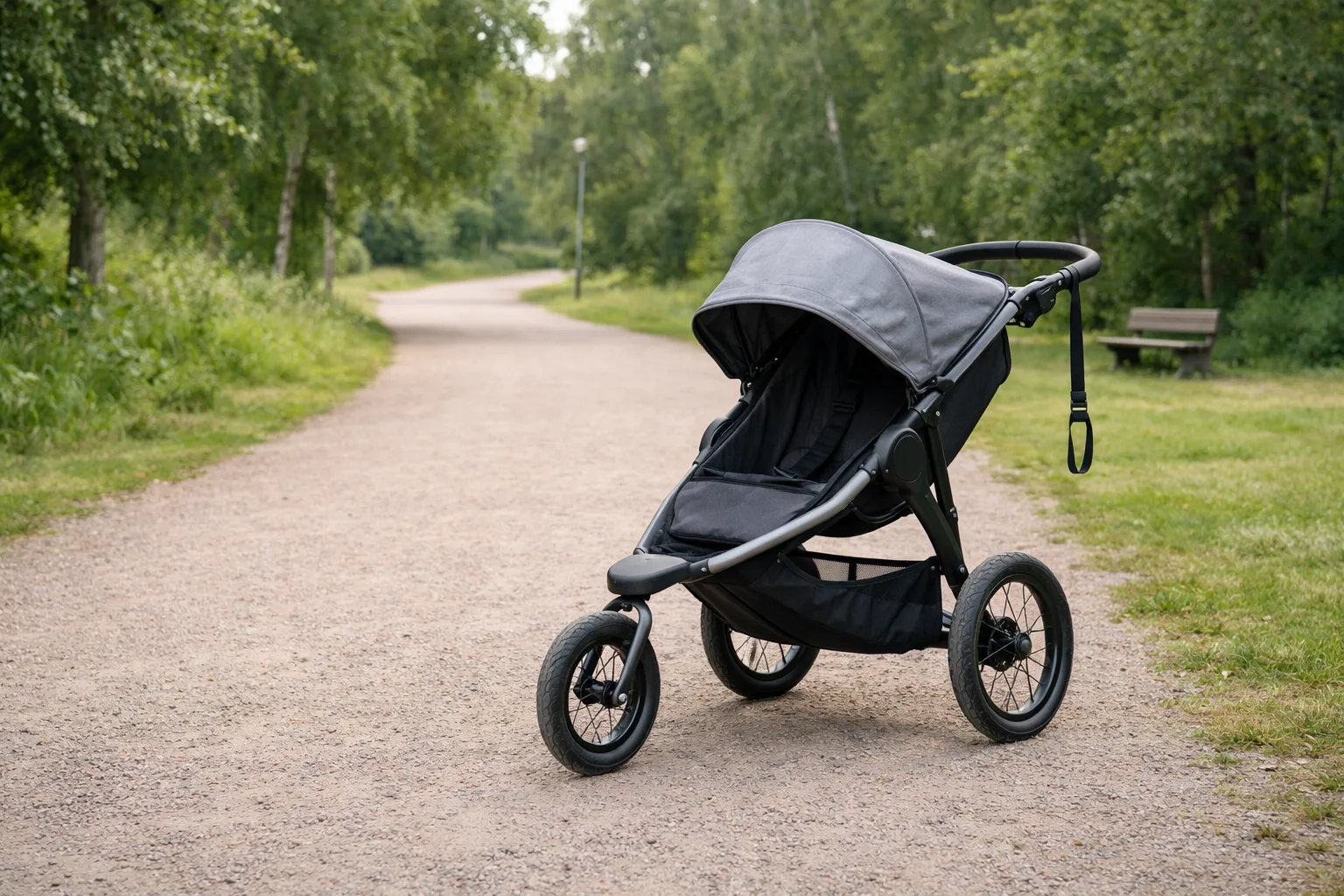 tom joggingvagn med tre hjul står på en bred löparstig i en svensk park, med handledsremmen synlig.