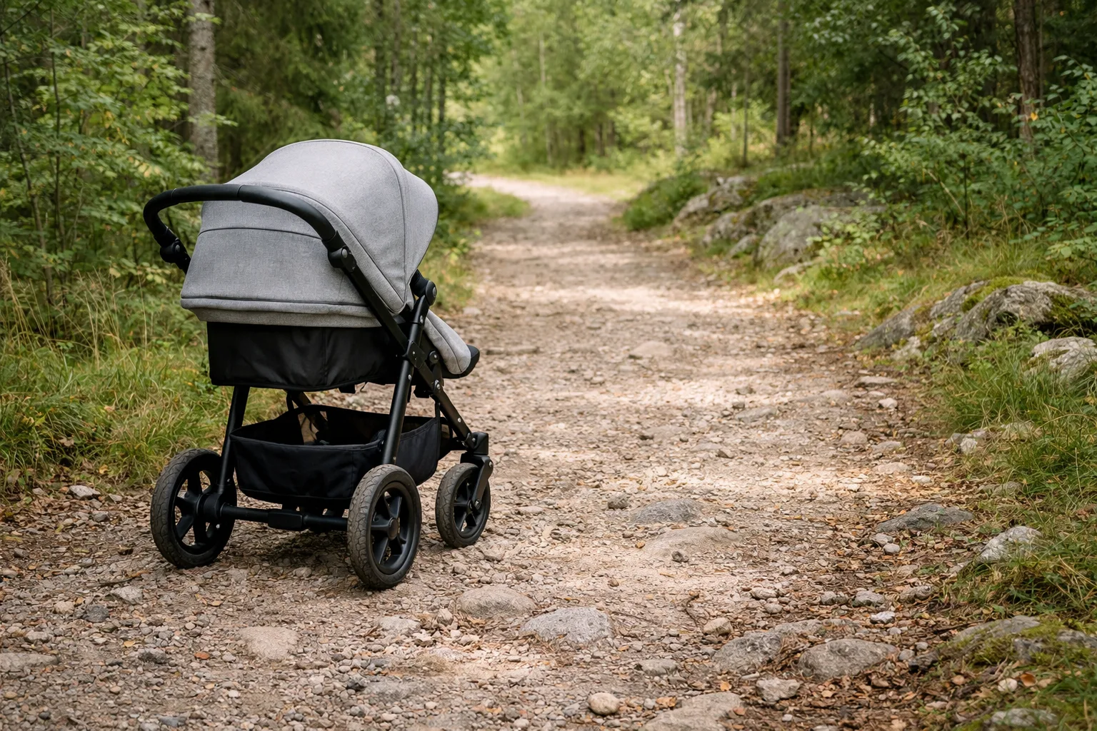 generisk barnvagn med stora hjul rullar på en ojämn grusstig genom svensk skog, utan personer i bild.