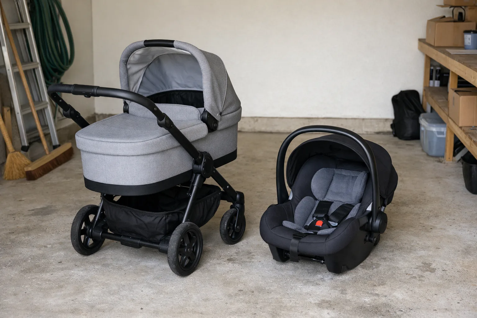 Ett generiskt barnvagnschassi med liggdel och ett fristående babyskydd står sida vid sida i ett ljust garage, utan att vara monterade.