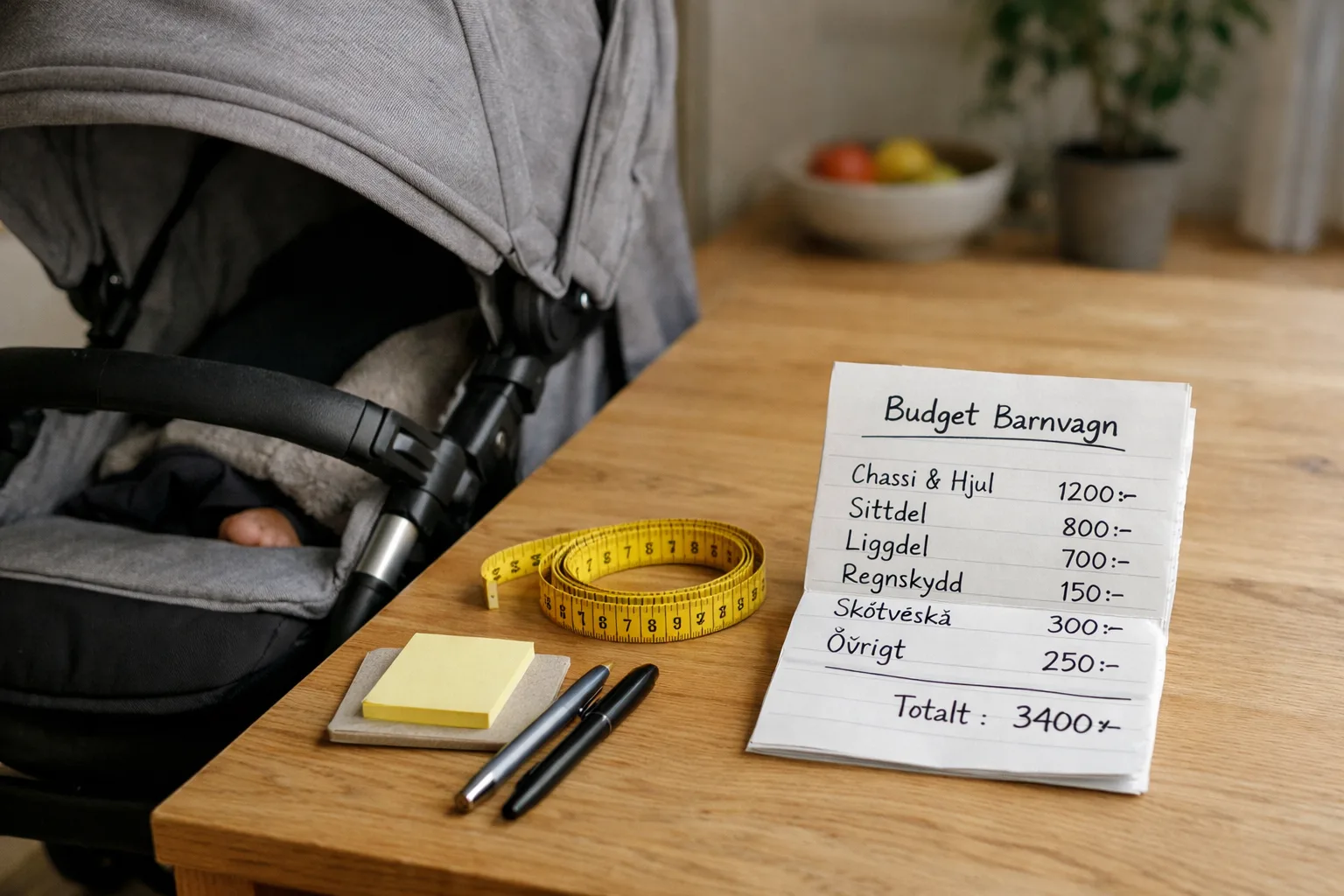 enkel generisk barnvagn står bredvid en prydligt vikt budgetlista och måttband på ett svenskt köksbord.