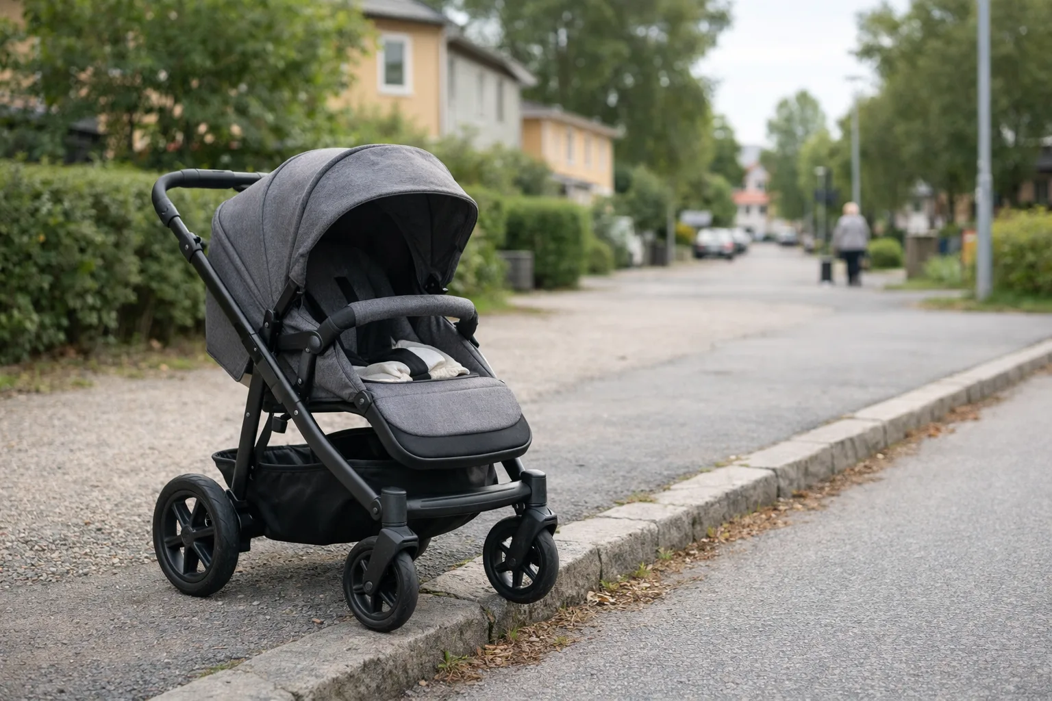 generisk barnvagn står vid en lugn trottoarkant i ett svenskt bostadsområde, med sits och sufflett tydligt synliga.