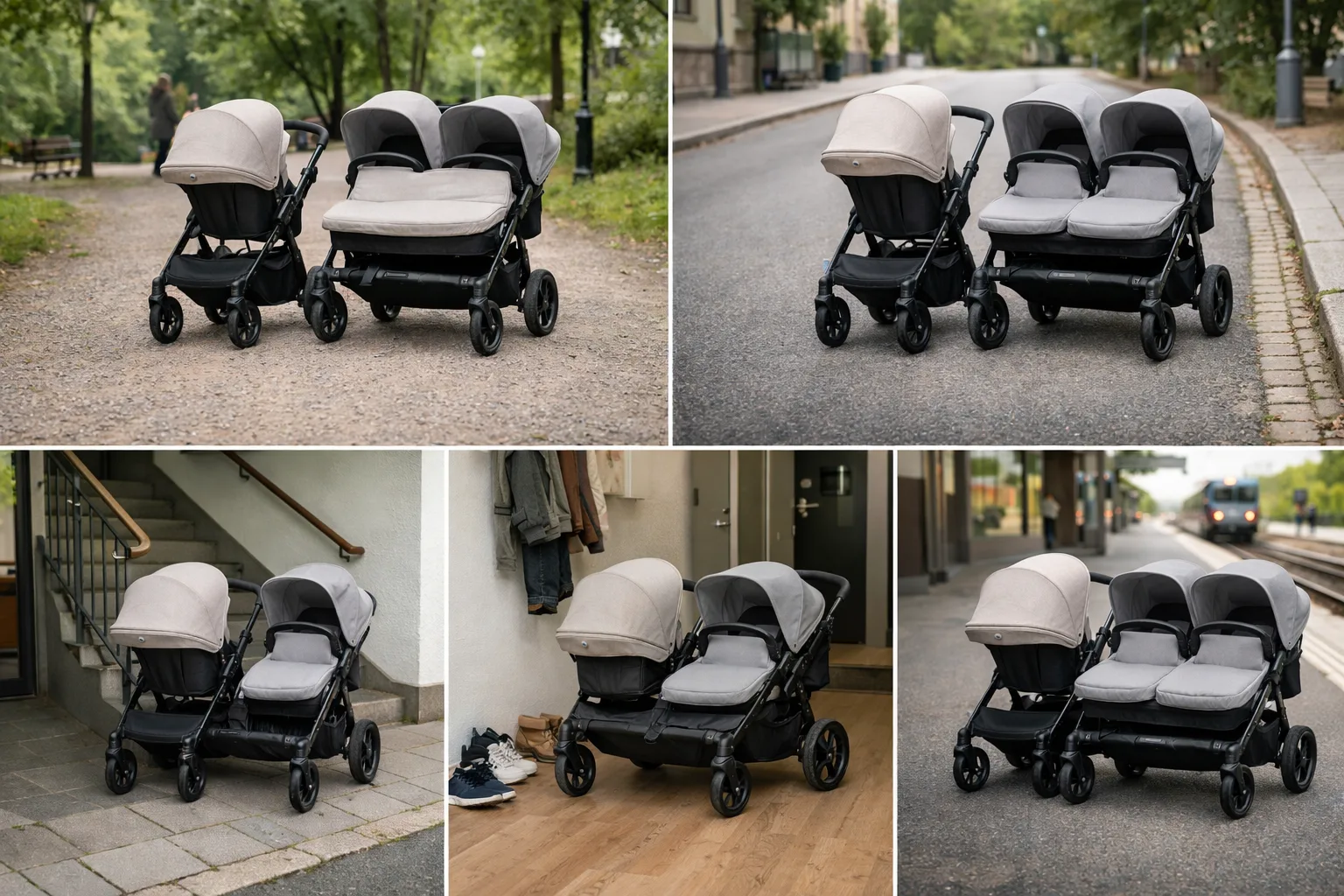 generisk barnvagn för ett barn står bredvid en bred syskonvagn på en stadspromenad, båda i diskreta neutrala färger.