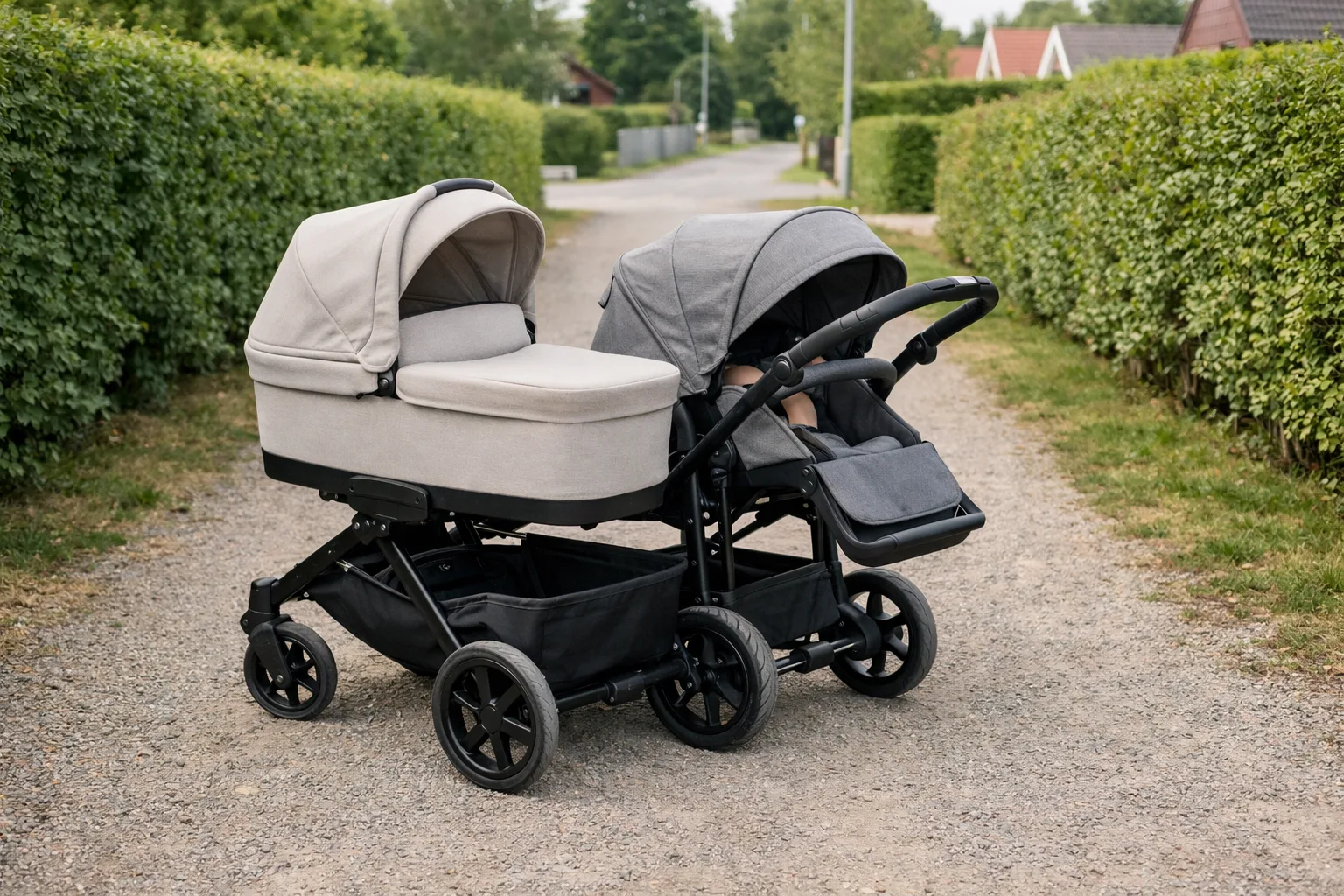 neutral barnvagn med liggdel och sittdel står på en svensk villagång med gröna häckar, helt utan märkesdetaljer.