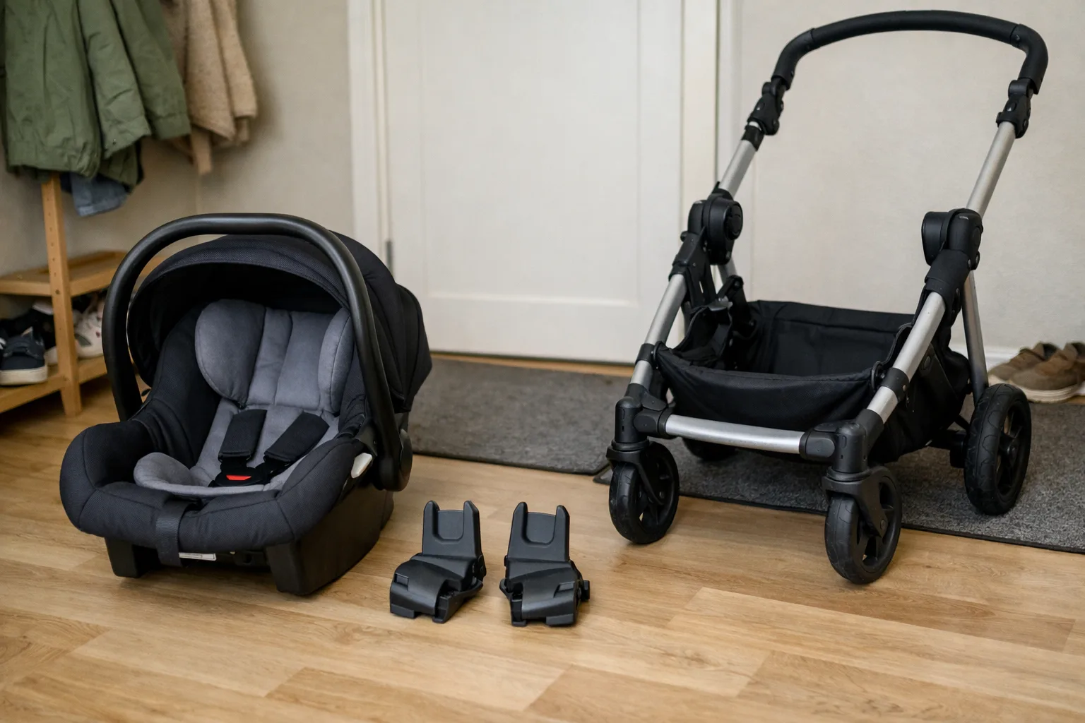 Ett fristående babyskydd och en adapter ligger bredvid barnvagnschassit på ett rent hallgolv, ännu inte monterade.