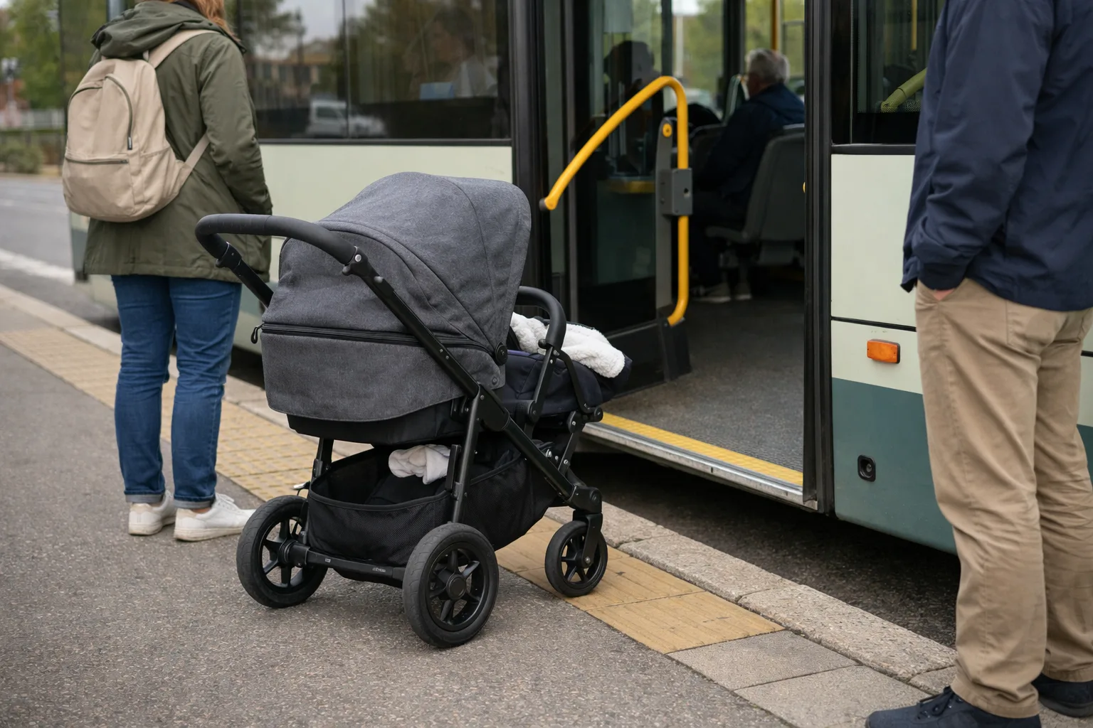 barnvagn står vid dörren till en stillastående stadsbuss på en svensk hållplats, med fri passage runt vagnen.