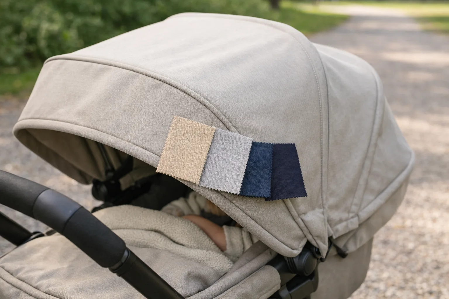 Tygprover i beige, grått och mörkblått ligger bredvid en neutral barnvagnssufflett i dagsljus.