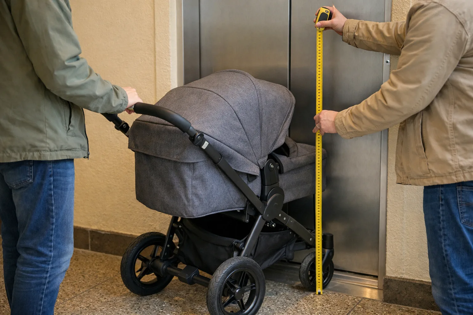 Ett måttband mäter en barnvagn mot en hissdörr i ett svenskt trapphus, handtag och hjul synliga.