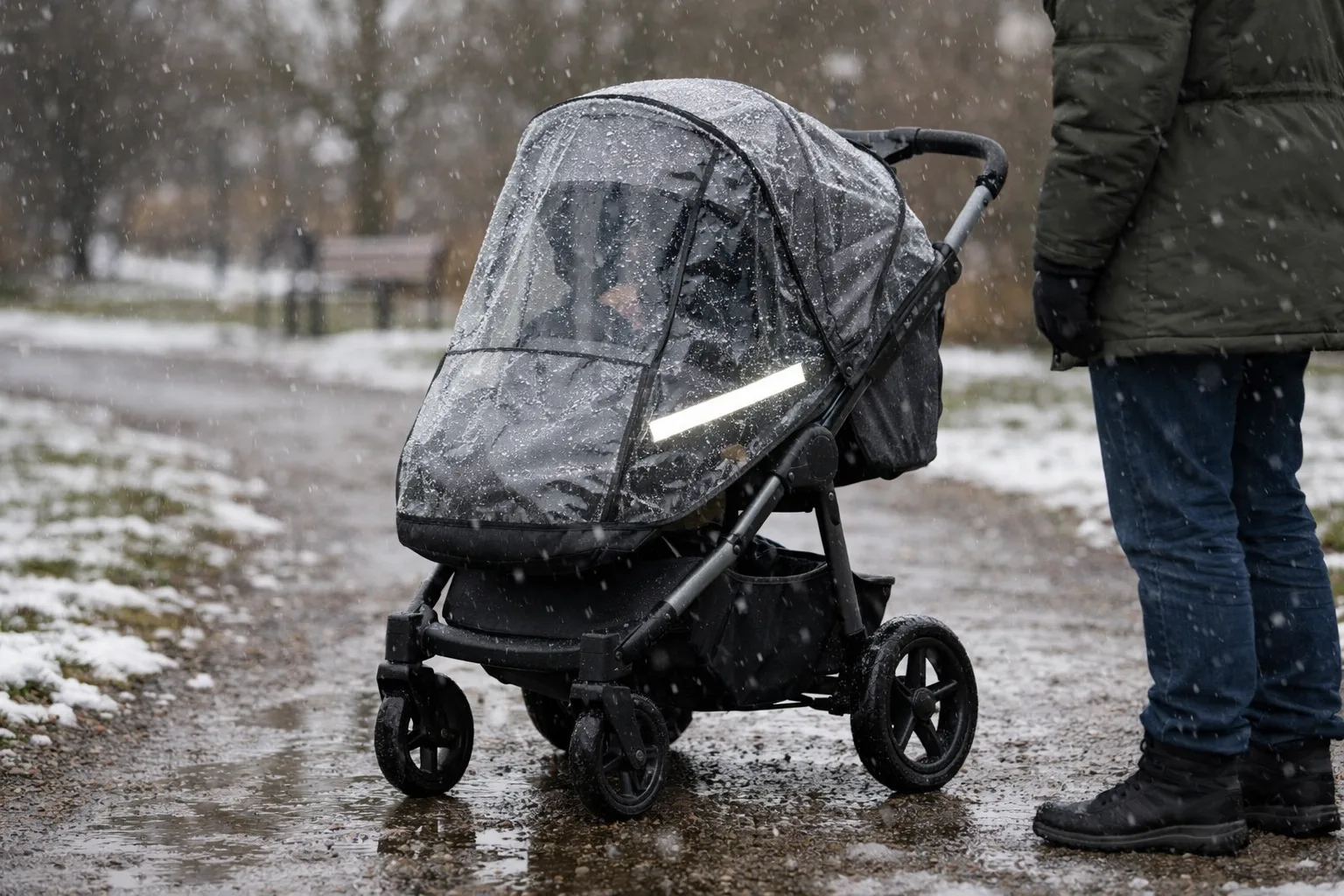 Barnvagn med regnskydd på en blöt gångväg i svenskt snöblask, med en reflex synlig.