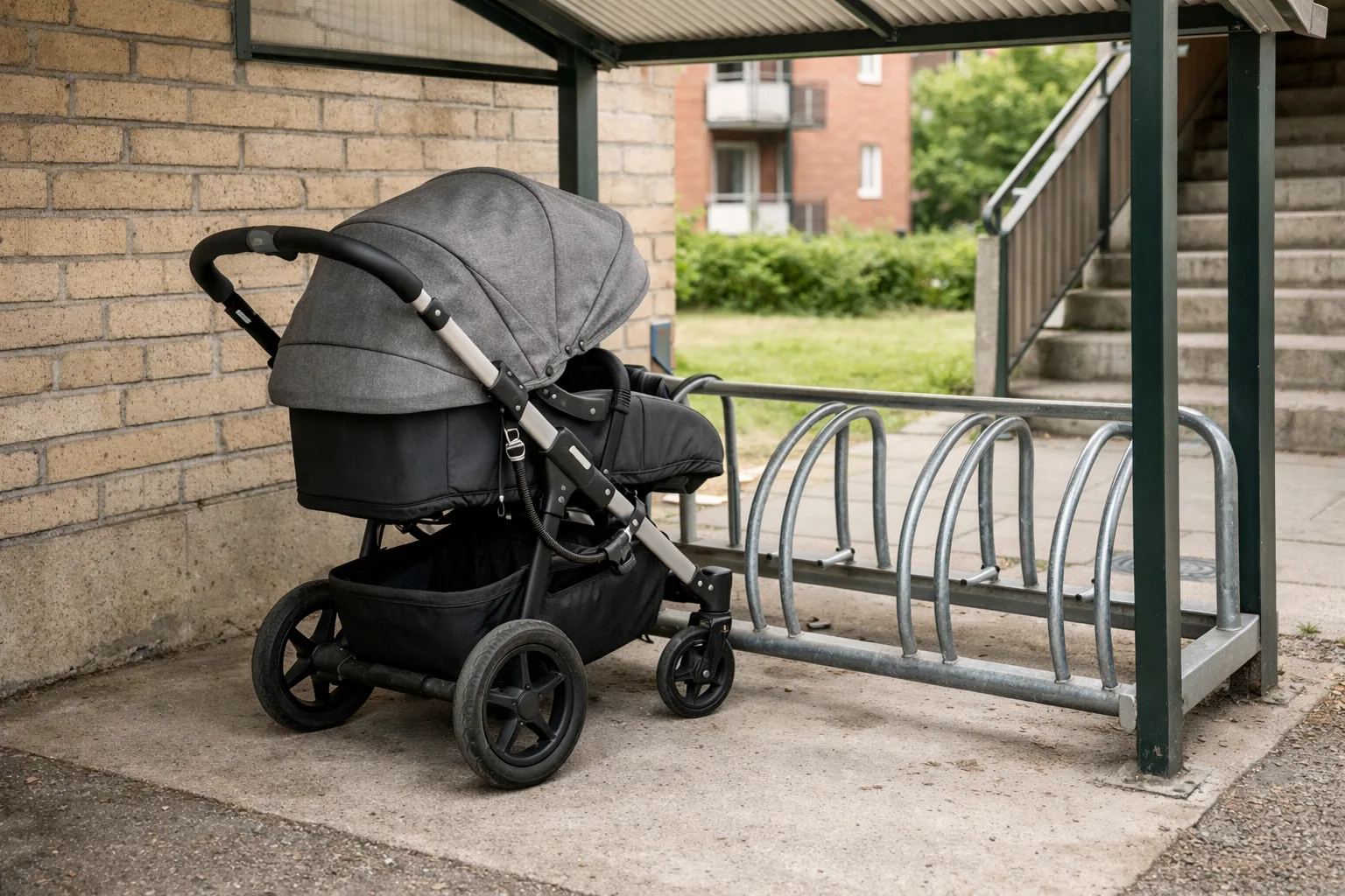 barnvagn står låst vid ett cykelställ under tak i ett svenskt bostadshus, på säkert avstånd från trappor.