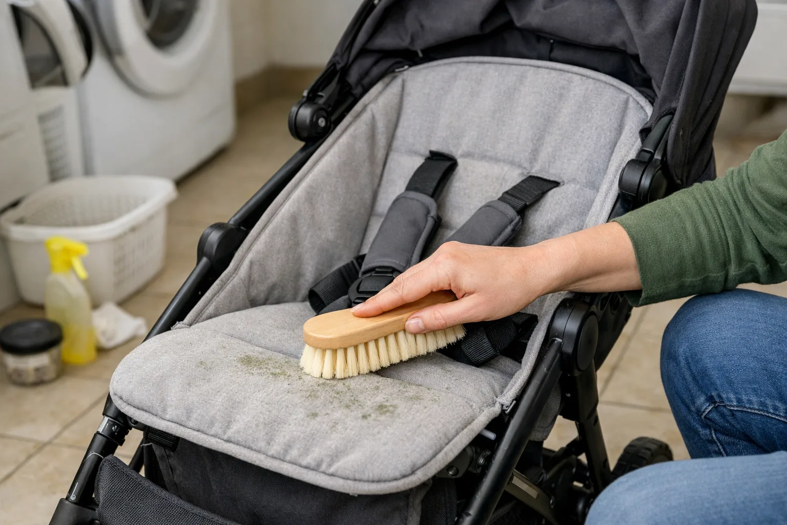 hand borstar försiktigt tygsitsen på en barnvagn med en mjuk borste på ett ljust tvättstugegolv.