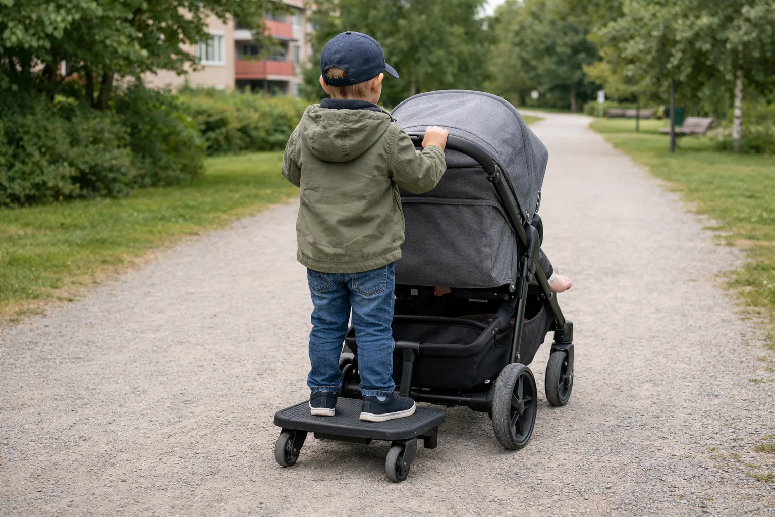ståbräda sitter bakom en enkel barnvagn på en bred, plan gångväg i ett bostadsområde.
