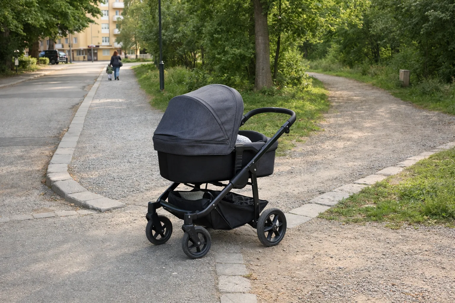barnvagn står vid ett vägskäl mellan stadsgata, parkstig och grusväg i mjukt svenskt dagsljus.