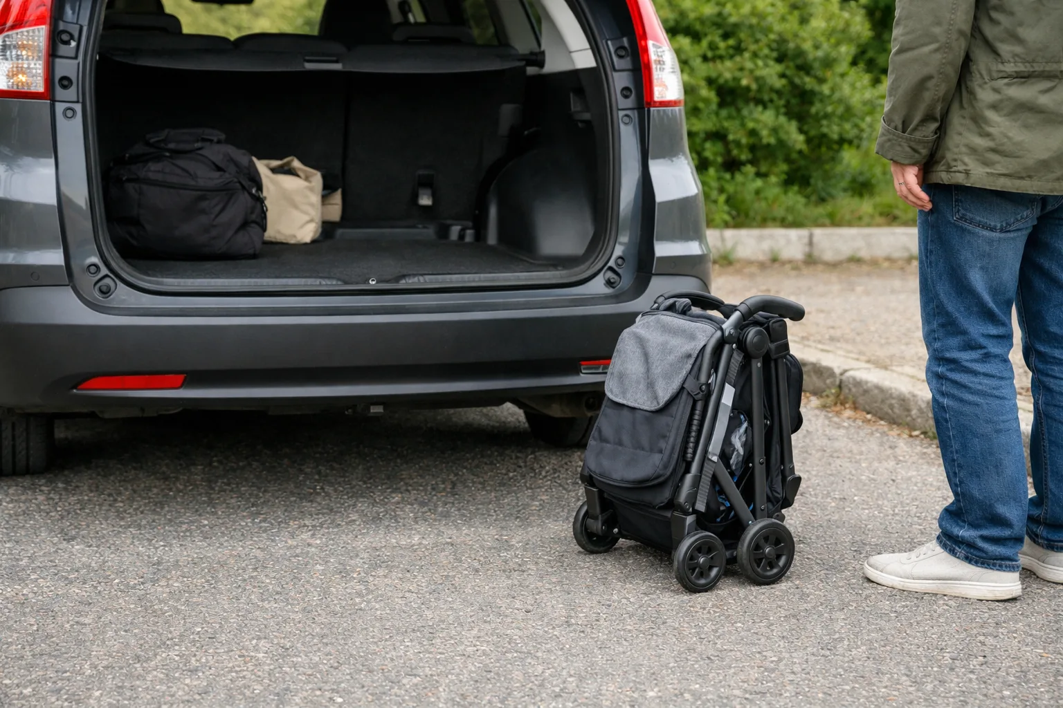 kompakt generisk resevagn står hopfälld bredvid en öppen bilbagagelucka på en svensk parkering.