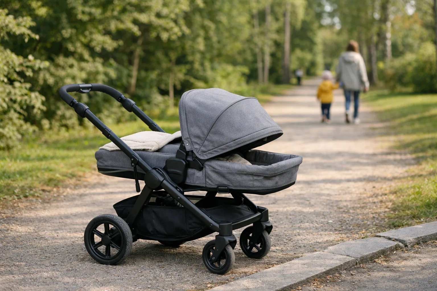 generisk sittvagn visas med sitsen vänd mot handtaget på en lugn gångväg, liggläget synligt.