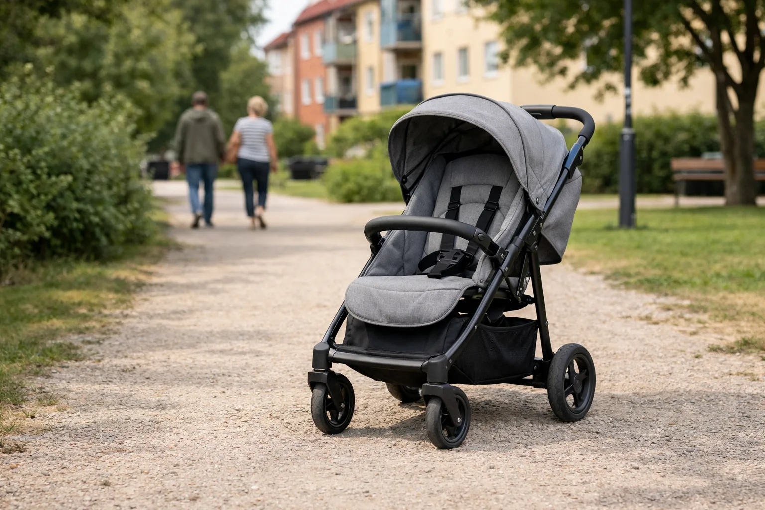 lätt generisk sittvagn med upprätt sits står på en lugn gångväg i ett svenskt bostadsområde.