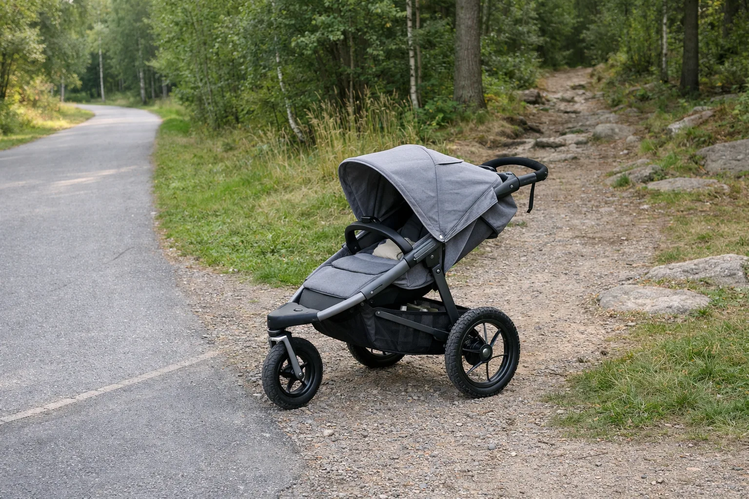 robust neutral barnvagn står vid ett stigskäl mellan asfalt och skogsstig i svensk natur.